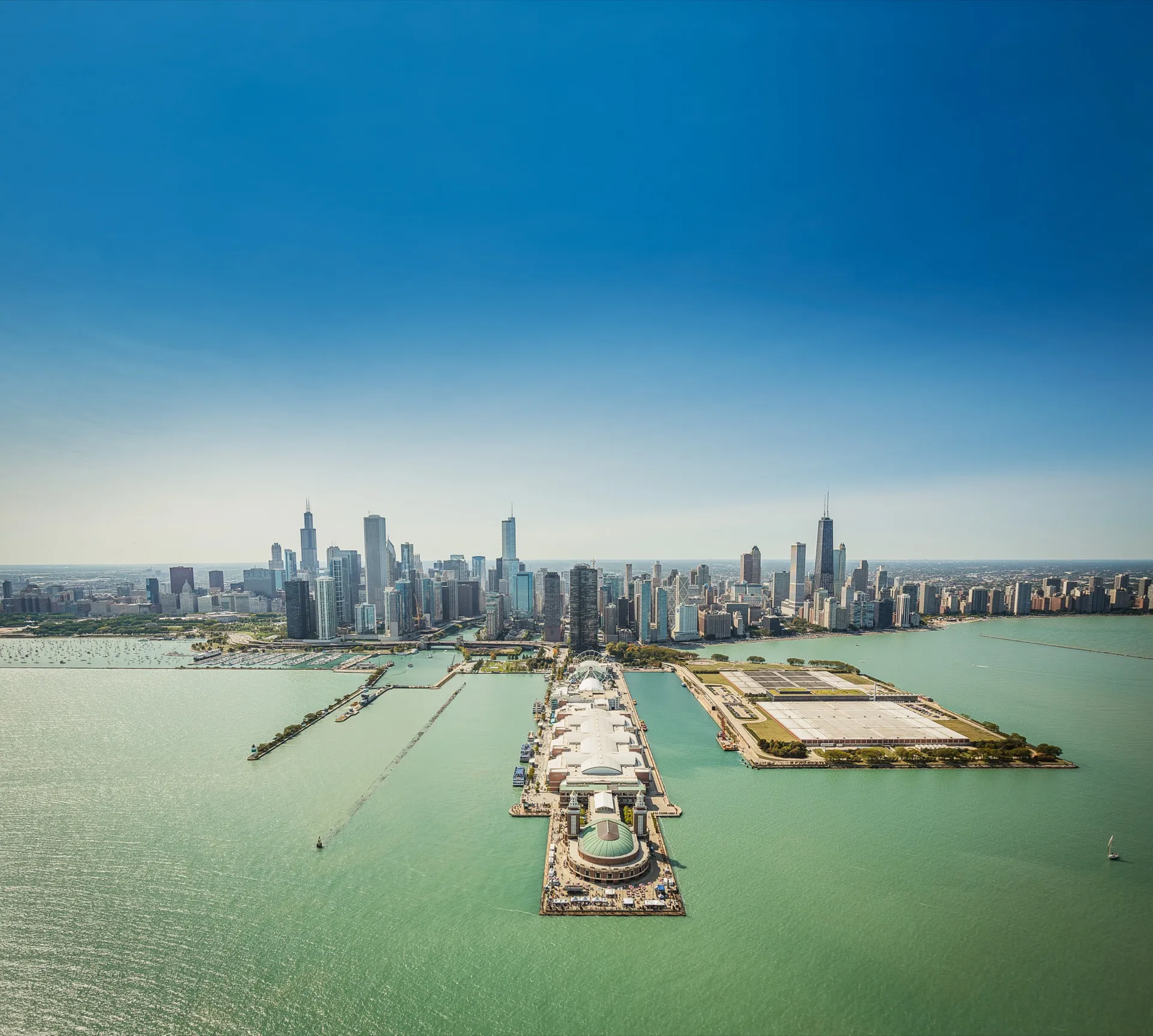 Aerial view of Chicago skyline and Navy Pier